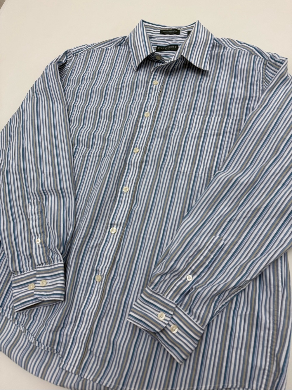 Men’s Lyle & Scott Scotland Blue Stripe Long-Sleeve Dress Shirt 100% Cotton